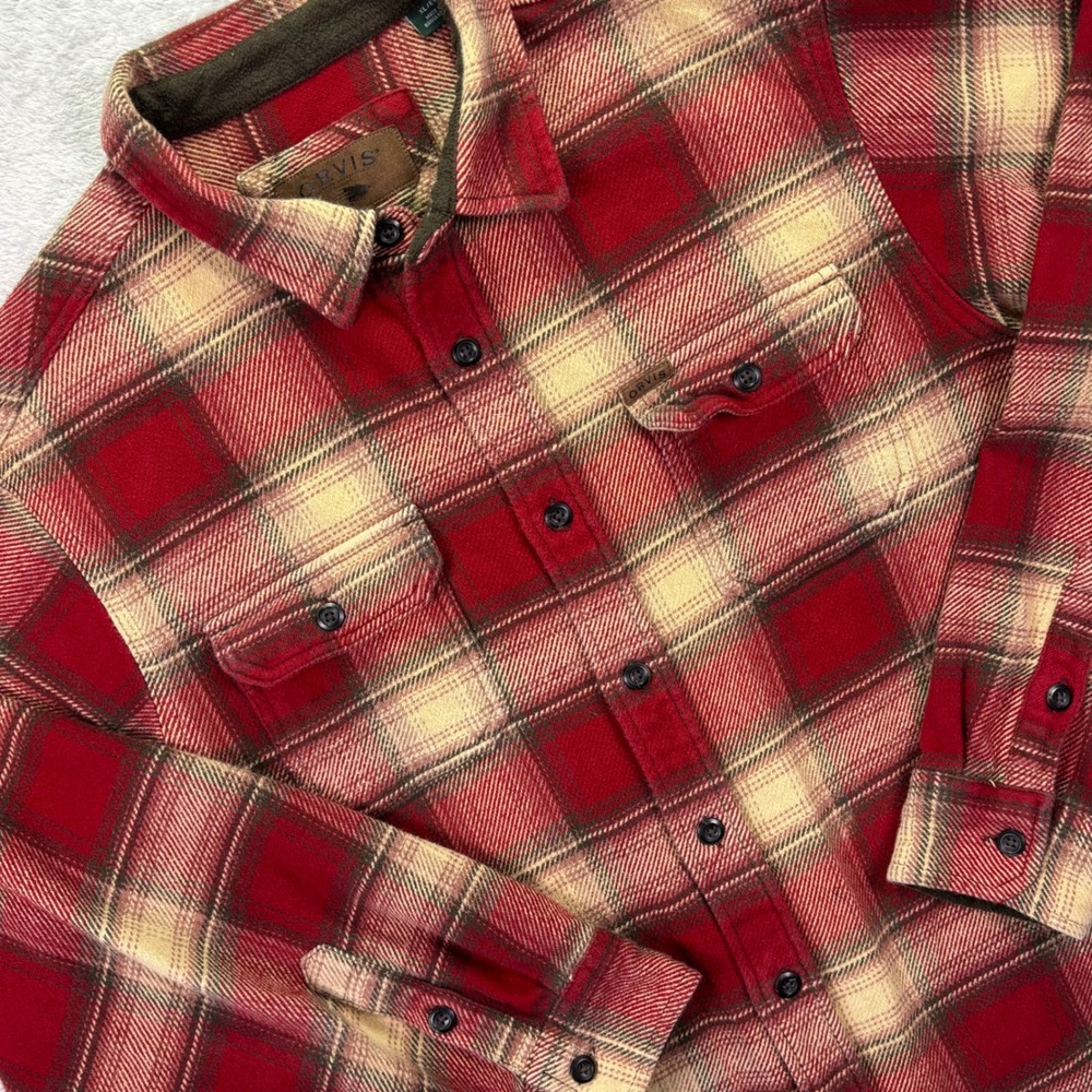 Orvis Mens Flannel Shirt XL Red Tan Plaid Heavyweight Cotton Button Down 1312517